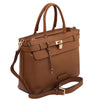 Angled And Shoulder Strap View Of The Cognac Structured Leather Tote Bag