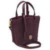 Angled And Shoulder Strap View Of The Bordeaux Suede Leather Handbag