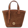 Front View Of The Cognac Suede Leather Handbag