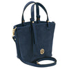 Angled And Shoulder Strap View Of The Dark Blue Suede Leather Handbag