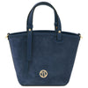 Front View Of The Dark Blue Suede Leather Handbag