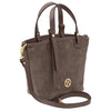 Angled And Shoulder Strap View Of The Dark Taupe Suede Leather Handbag