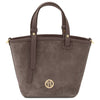 Front View Of The Dark Taupe Suede Leather Handbag