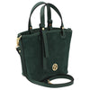 Angled And Shoulder Strap View Of The Forest Green Suede Leather Handbag