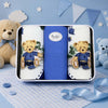 Handkerchiefs featuring teddy bears design, packaged in a decorative tin with blue accents and accessories.