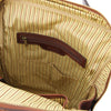 Internal Zip Pocket View Of The Brown Leather Backpack Laptop Bag