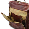 Front Compartment View Of The Brown Leather Backpack Laptop Bag