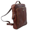 Angled View Of The Brown Leather Backpack Laptop Bag