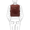Man Posing With The Brown Leather Backpack Laptop Bag