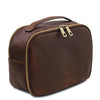 Angled View Of The Dark Brown Toiletry Bag