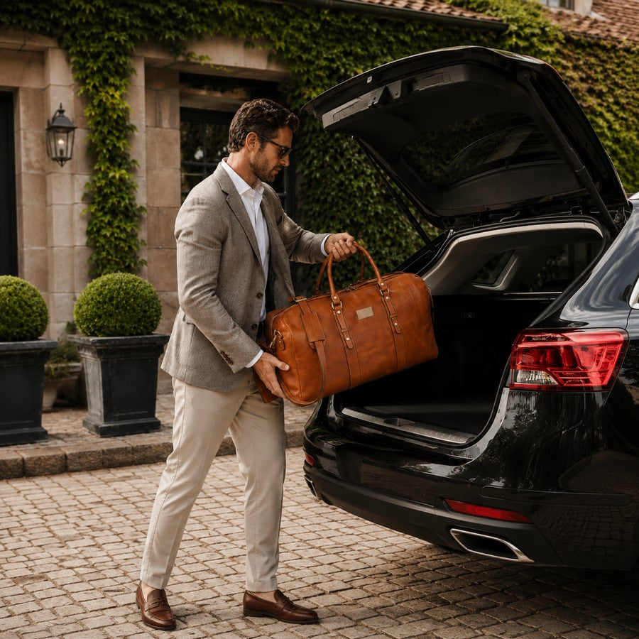 Man placing a natural leather travelling bag near the boot of a car