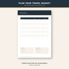 Example page from the Printable Travel Planner and Packing Checklist PDF highlighting travel budget organization.