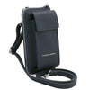 Angled And Shoulder Strap View Of The Dark Blue Wallet And Phone Holder