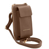 Angled and Shoulder Strap View Of The Dark Taupe Wallet And Phone Holder