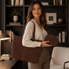 Woman With The Dark Brown Leather Shoulder bag and Soft Leather Toiletry Case