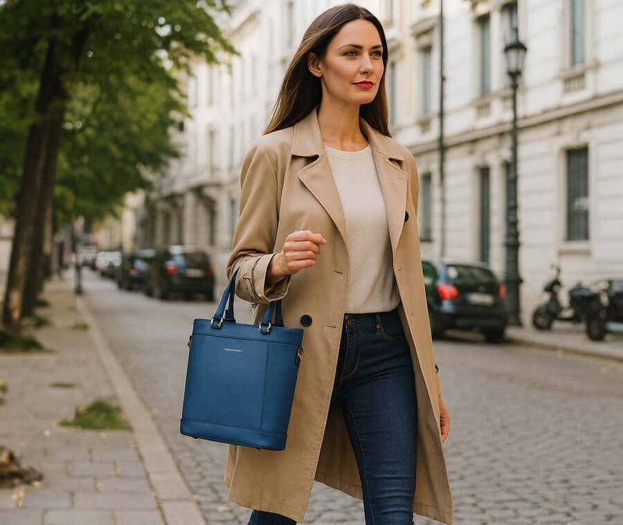 Woman modelling a blue Demetra leather handbag from the Lizandez Outlet collection