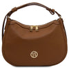 Hoblo Womens Leather Hobo Bag in cognac with gold zipper and logo, perfect for everyday elegance.