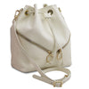 Angled And Shoulder Strap View Of The Beige Womens Bucket Bag