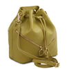 Angled And Shoulder Strap View Of The Green Womens Bucket Bag
