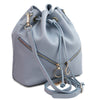 Angled And Shoulder Strap View Of The Light Blue Womens Bucket Bag