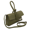 Angled And Shoulder Strap View Of The Forest Green Womens Leather Clutch