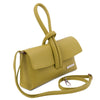 Angled And Shoulder Strap View Of The Green Womens Leather Clutch