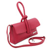 Angled And Shoulder Strap View Of The Pink Womens Leather Clutch