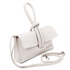 Angled And Shoulder Strap View Of The White Womens Leather Clutch