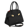 Womens Leather Handbag and Toiletry Case Set featuring a stylish black handbag with gold accents.