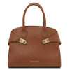 Womens Leather Handbag featuring a stylish cognac design with elegant gold accents.