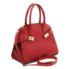 Womens Leather Handbag and Toiletry Case Set in stylish lipstick red leather with gold accents and detachable strap.