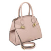 Womens Leather Handbag in soft nude with elegant gold accents and dual handles.