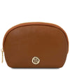 Leather Backpack and Toiletry Bag Set - cognac leather toiletry pouch with gold zipper and logo.