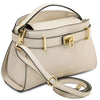 Womens Leather Tote Bag in beige with gold hardware and adjustable strap, ideal for everyday elegance.