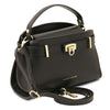 Womens Leather Tote Bag in black with gold hardware, featuring a stylish design and spacious compartments.