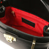 Inside view of Womens Leather Tote Bag featuring red lining and zip pocket.
