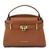 Womens Leather Tote Bag in cognac with gold hardware, showcasing a stylish design and spacious compartments.