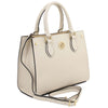 Angled and Shoulder Strap View Of The Beige Womens Leather Tote