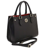 Angled and Shoulder Strap View Of The Black Womens Leather Tote