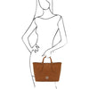 Woman Posing With The Cognac Womens Leather Tote