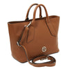 Angled And Shoulder Strap View Of The Cognac Womens Leather Tote