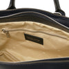 Internal Zip Pocket View Of The Dark Blue Womens Leather Tote