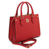 Angled and Shoulder Strap View Of The Lipstick Red Womens Leather Tote
