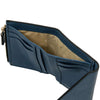 Inside view of a Womens Leather Wallet in denim , showcasing card slots and zip pocket.