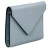 Womens Leather Wallet in soft light blue pebbled leather with snap button closure and elegant design.