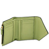Womens Leather Wallet in lime green pebbled leather showcasing card slots and zip coin pocket.