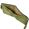 Womens Leather Wallet interior view showcasing card slots and zip coin pocket in lime green pebbled leather.