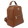 Leather Backpack and Toiletry Bag Set featuring a stylish cognac leather backpack with gold accents.