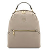Leather Backpack and Toiletry Bag Set featuring a stylish beige pebbled leather backpack with gold accents.