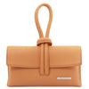 Womens Leather Clutch in apricot with stylish knot handle, perfect for a chic evening look.
